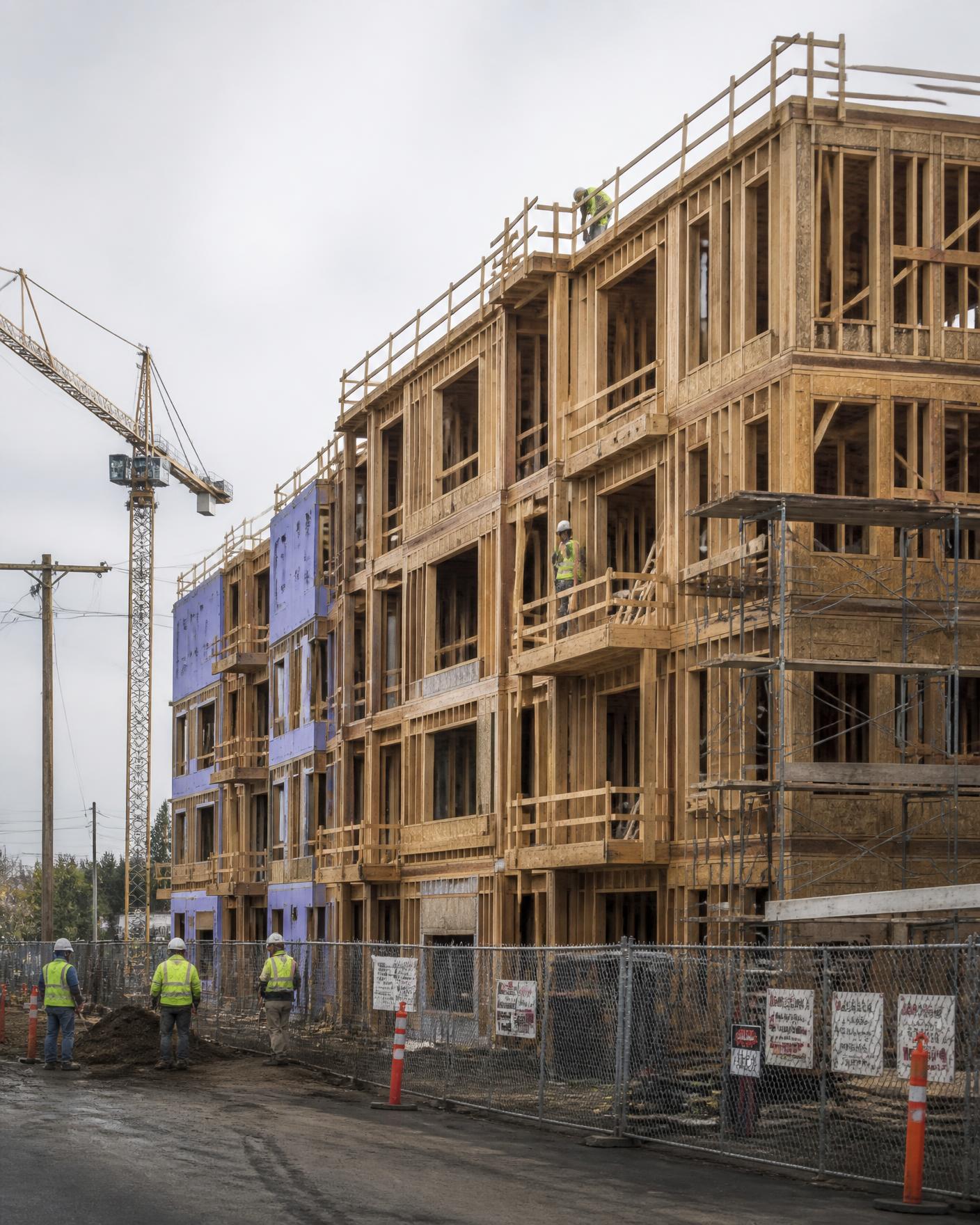 Multifamily apartment building under construction with wood framing and crews on site