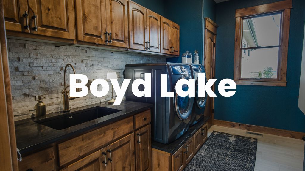 remodeled laundry room with words Boyd Lake overlaid