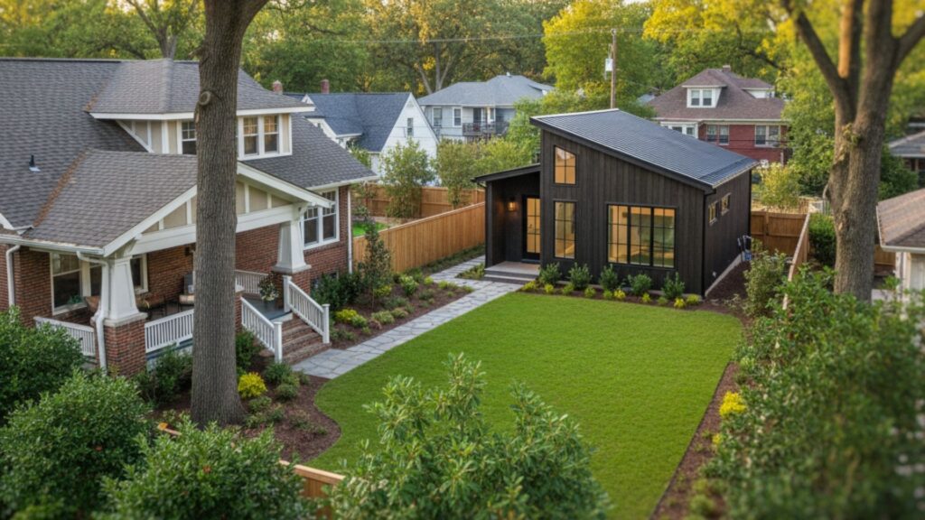 An attractive, newly built ADU nestled in the backyard of an older, established home in a charming neighborhood